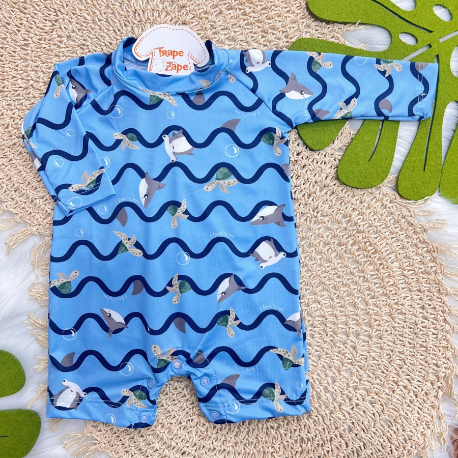 Linha Praia - Macacão Curto Fundo do Mar com Proteção UV50+ - Azul